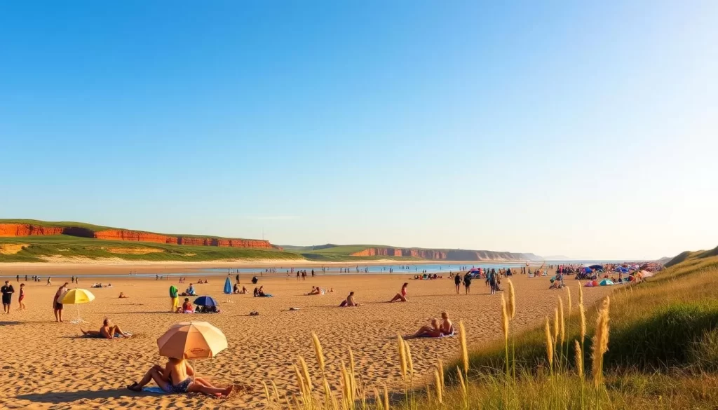A scenic view of North Rustico beach on Prince Edward Island, Canada. In the foreground, people are enjoying various outdoor activities such as swimming, sunbathing, and beachcombing. The middle ground features colorful beach umbrellas, sandcastles, and families playing in the sand. In the background, the iconic red cliffs of Prince Edward Island rise up, creating a picturesque landscape. The warm, golden sunlight casts a soft, natural glow over the entire scene, capturing the tranquil and relaxing atmosphere of a perfect day at the beach.