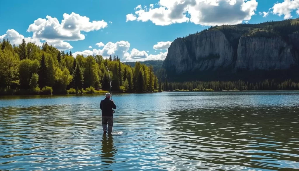 A scenic view of West Hawk Lake, Manitoba, on a clear sunny day. In the foreground, a fisherman casts his line into the glimmering waters, his silhouette reflected in the calm surface. Lush, verdant trees line the shoreline, creating a picturesque backdrop. Towering rocky cliffs rise up in the distance, casting dramatic shadows across the landscape. The sky is a brilliant azure, with fluffy white clouds drifting overhead. The overall atmosphere is one of tranquility and natural beauty, inviting the viewer to imagine the peaceful solitude of a day spent fishing at this idyllic Canadian lake.