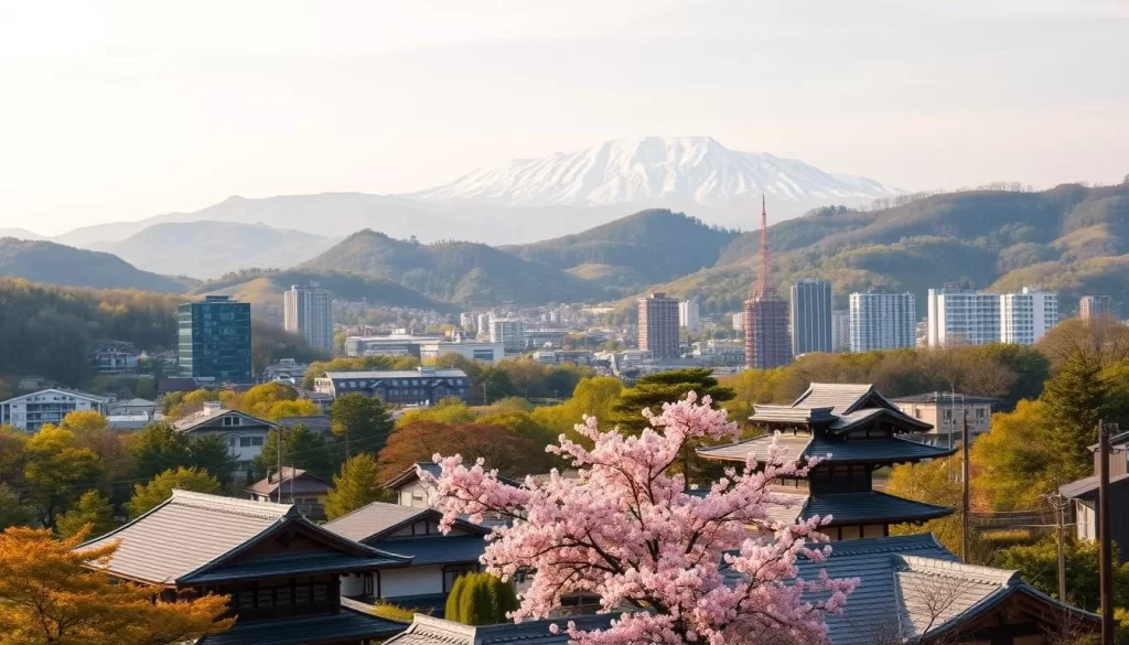 A scenic view of Yamagata City, nestled amidst the lush, rolling hills of Japan's northern Tōhoku region. In the foreground, traditional Japanese architecture with sloping roofs and intricate details stands in harmony with the modern high-rises that dot the skyline. The middle ground is filled with vibrant greenery, including the iconic cherry blossom trees in full bloom, casting a gentle pink hue across the scene. In the background, the majestic Gassan Mountains rise up, their snow-capped peaks glimmering under the warm, golden sunlight. The atmosphere is serene, peaceful, and inviting, capturing the essence of Yamagata City's natural beauty and cultural charm.