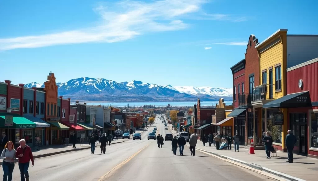 A scenic view of downtown Yellowknife, Northwest Territories on a crisp, sunny day. In the foreground, a bustling street lined with colorful buildings, locals strolling and interacting. In the middle ground, the iconic Ragged Ass Road and historic Old Town with its charming cabins and houseboats along the shores of the Great Slave Lake. In the background, the rugged Canadian Shield landscape with snow-capped peaks and a clear blue sky. Capture the vibrant energy, natural beauty, and welcoming atmosphere of this northern city through a photorealistic, wide-angle lens.