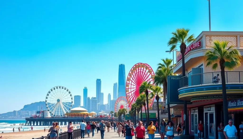 A scenic view of iconic Los Angeles landmarks set against a clear blue sky. In the foreground, people stroll along the vibrant Venice Beach boardwalk, taking in the lively atmosphere and unique street performers. In the middle ground, the picturesque Santa Monica Pier stretches out, with its classic Ferris wheel and amusement park rides. In the distance, the towering skyline of downtown Los Angeles rises, including the distinctive shapes of the Walt Disney Concert Hall and the Griffith Observatory. Bright sunshine illuminates the scene, creating a warm, inviting ambiance perfect for exploring the city's free attractions on a budget.