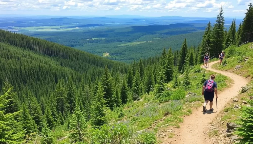 A scenic view of the Bonshaw Hills Provincial Park trails with hikers walking through the forested terrain.