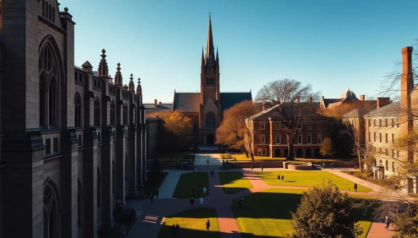 A scenic view of the iconic Yale University campus on a bright, sunny day. In the foreground, the historic Gothic architecture of Sterling Memorial Library stands tall, its intricate stone details casting long shadows. The middle ground features a bustling central quad, with students strolling along the brick pathways and lush green lawns. In the background, the towering spires of Harkness Tower rise up, overlooking the vibrant campus. The scene is bathed in warm, golden light, conveying a sense of timeless elegance and intellectual vitality.