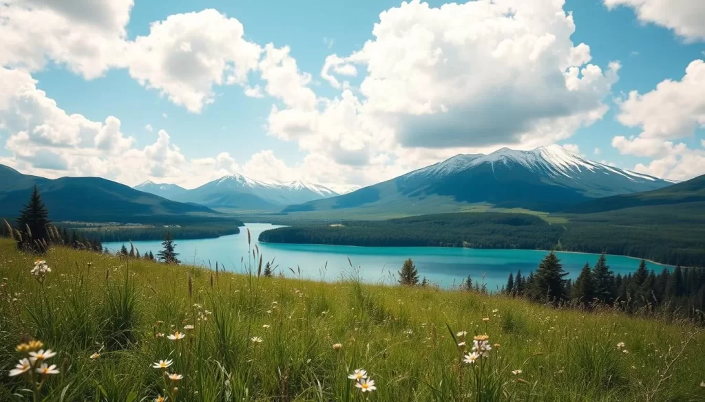 A scenic vista of Hokkaido's breathtaking landscapes on a bright, sunny day. In the foreground, a lush, verdant meadow dotted with wildflowers sways gently in a soft breeze. In the middle ground, a serene, turquoise lake reflects the fluffy, cloud-filled sky above. Beyond, majestic, snow-capped mountains rise up, their peaks glistening in the warm, golden light. The atmosphere is one of serenity and tranquility, inviting the viewer to immerse themselves in the natural beauty of this Japanese prefecture.