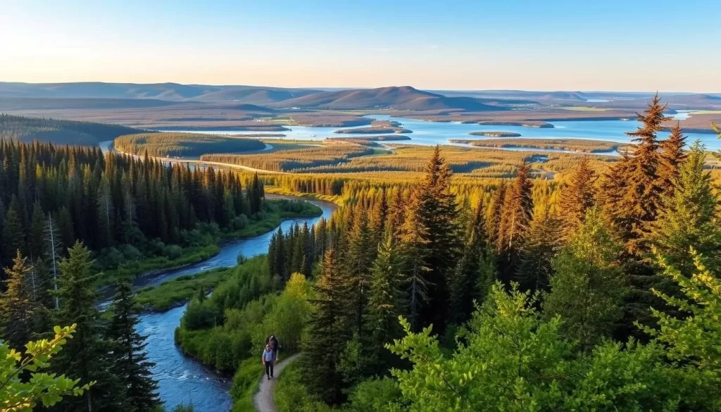 A scenic vista of Leaf Rapids, Manitoba, with its lush forest landscape and winding rivers in the foreground. In the middle ground, a group of adventurous travelers explore the area's natural trails, hiking through the verdant foliage. The background features picturesque lakes and rolling hills, bathed in warm, golden sunlight. The scene conveys a sense of tranquility and outdoor exploration, inviting viewers to discover the captivating day trip opportunities surrounding the town of Leaf Rapids.