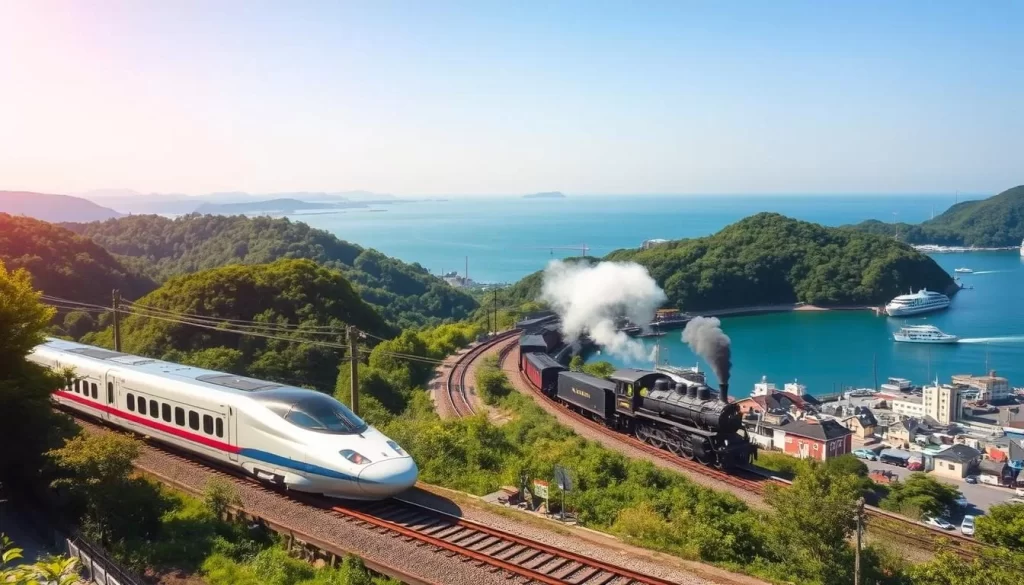 A scenic vista of the Tōhoku region's diverse transportation network. In the foreground, a traditional Japanese bullet train, sleek and modern, glides effortlessly across the lush, verdant landscape. In the middle ground, a classic steam locomotive chugs along a winding mountain railway, its billowing plumes of smoke adding to the nostalgic atmosphere. In the background, a serene harbor bustles with activity, fishing boats and ferries navigating the calm, azure waters. The warm, golden light of a clear day illuminates the scene, casting a tranquil, inviting ambiance. Capture the harmonious blend of old and new, the efficiency and charm that defines Tōhoku's transportation.