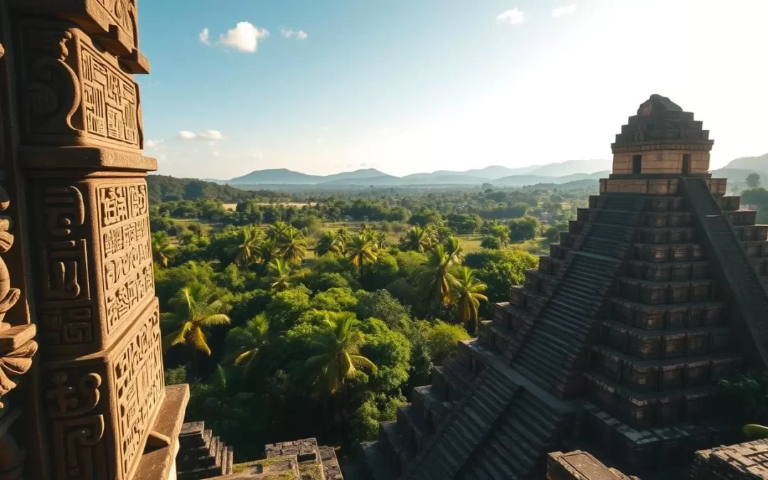 A scenic vista of the ancient Mayan ruins of Copan, Honduras, bathed in warm, golden sunlight. In the foreground, ornate stone carvings and intricate hieroglyphic inscriptions cover the towering temple structures, their intricate details casting dramatic shadows. The middle ground features a lush, verdant jungle backdrop, with towering palm trees swaying gently in the soft breeze. In the distance, the rolling hills of the Honduran countryside stretch out, creating a sense of depth and scale. The scene is captured with a wide-angle lens, highlighting the grandeur and scope of this archaeological wonder. The overall mood is one of serene, awe-inspiring wonder, inviting the viewer to explore the rich history and cultural significance of this Mayan masterpiece.