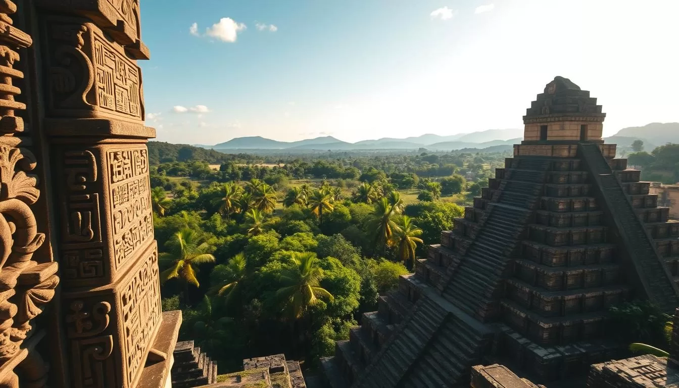 A scenic vista of the ancient Mayan ruins of Copan, Honduras, bathed in warm, golden sunlight. In the foreground, ornate stone carvings and intricate hieroglyphic inscriptions cover the towering temple structures, their intricate details casting dramatic shadows. The middle ground features a lush, verdant jungle backdrop, with towering palm trees swaying gently in the soft breeze. In the distance, the rolling hills of the Honduran countryside stretch out, creating a sense of depth and scale. The scene is captured with a wide-angle lens, highlighting the grandeur and scope of this archaeological wonder. The overall mood is one of serene, awe-inspiring wonder, inviting the viewer to explore the rich history and cultural significance of this Mayan masterpiece.
