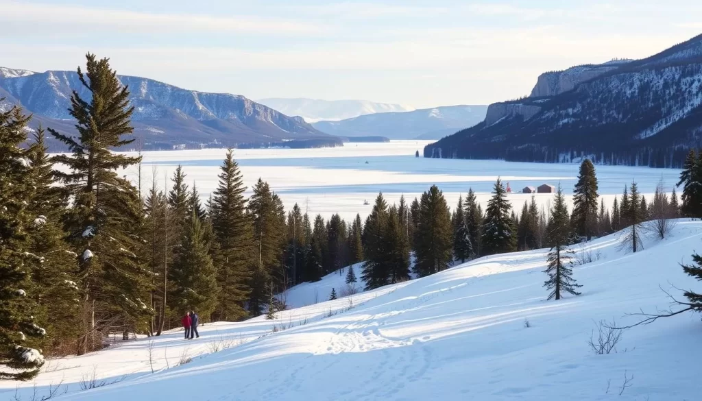 A scenic winter landscape at West Hawk Lake, Manitoba. In the foreground, a well-groomed cross-country ski trail winds through a picturesque pine forest, with fresh snow covering the ground. The middle ground features a frozen lake, its surface dotted with ice fishing huts and people enjoying various winter activities. In the background, rugged hills and cliffs rise up, creating a dramatic and serene setting. The scene is bathed in soft, diffused natural light, casting a warm and peaceful atmosphere. Capture the tranquility and beauty of this winter wonderland with attention to realistic details.