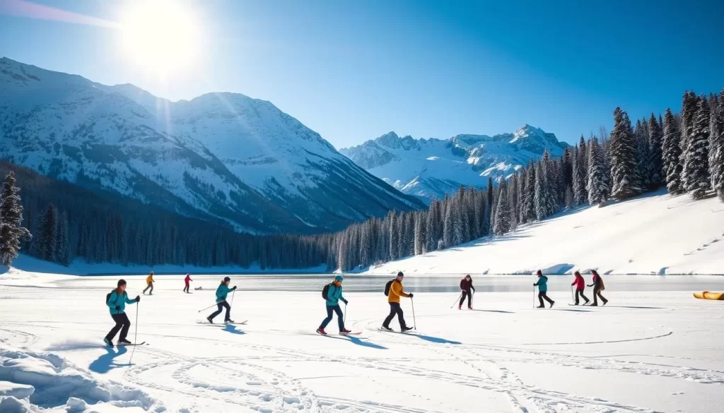 A scenic winter wonderland in the Canadian Rockies, with snow-capped mountains rising majestically in the background. In the foreground, a group of people engaged in various winter sports - skiing down pristine slopes, snowboarding through powdery snow, ice skating on a frozen lake, and snowshoeing through the tranquil forest. The sun casts a warm glow, illuminating the crisp, clear sky and creating long shadows that add depth and dimension to the scene. The overall atmosphere is one of exhilaration, serenity, and the pure joy of embracing the winter season in this iconic Canadian landscape.