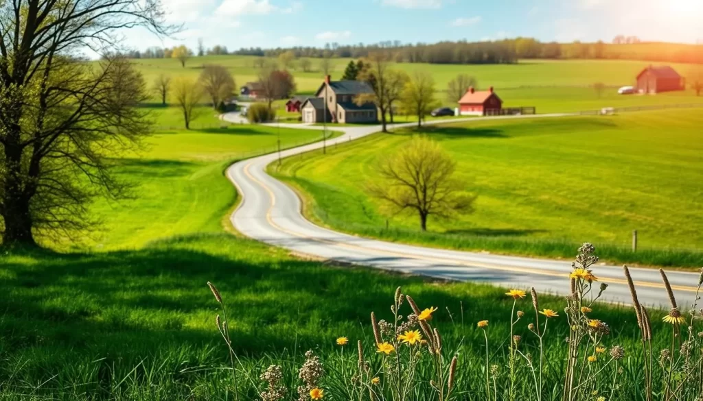 A serene Gettysburg landscape in early spring. A winding country road leads through a rolling patchwork of verdant fields and lush, budding trees. Sunlight dapples the scene, casting a warm, golden glow over the picturesque farmhouses and weathered barns dotting the horizon. In the foreground, delicate wildflowers sway gently in a light breeze, their vibrant hues complementing the emerging greenery. The air is crisp and clear, with a sense of renewal and promise. Capture this quintessential Pennsylvanian springtime with a wide, high-angled lens to showcase the breathtaking pastoral beauty of Gettysburg in its most enchanting season.