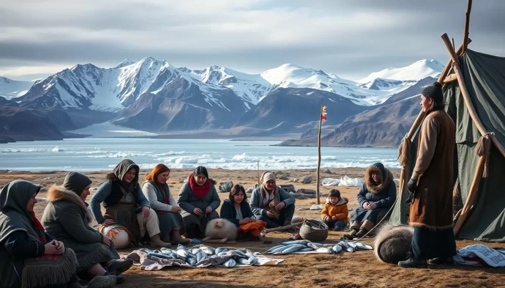 A serene Inuit encampment nestled amidst the rugged Arctic landscape. In the foreground, a group of Inuit elders and artisans gather, showcasing their intricate handcrafted embroidery, soapstone carvings, and traditional hide clothing. The middle ground features a family engaging in activities like drying fish and tanning hides, reflecting the community's deep connection to the land. In the background, a magnificent vista of snow-capped mountains and shimmering glacial lakes sets the stage for this cultural heritage showcase. Soft natural lighting illuminates the scene, conveying a sense of tranquility and timelessness. The overall mood evokes the resilience, creativity, and time-honored traditions of the Inuit people.