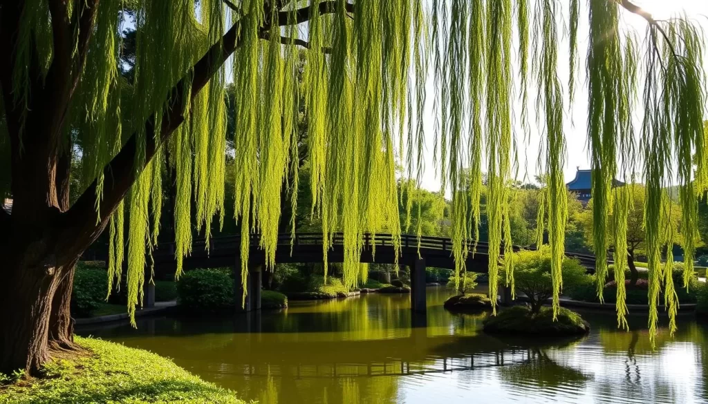 A serene Japanese garden in Mizumoto Park, Katsushika-ku, Tokyo. Lush greenery surrounds a peaceful pond, with graceful weeping willow trees dipping their branches into the still water. A traditional wooden bridge arches over the pond, inviting visitors to stroll and admire the tranquil scene. Soft sunlight filters through the trees, casting a warm, golden glow over the landscape. In the distance, the silhouettes of pagodas and traditional Japanese architecture can be seen, completing the picturesque natural retreat. The atmosphere is one of calm and relaxation, transporting the viewer to a serene oasis within the bustling city.
