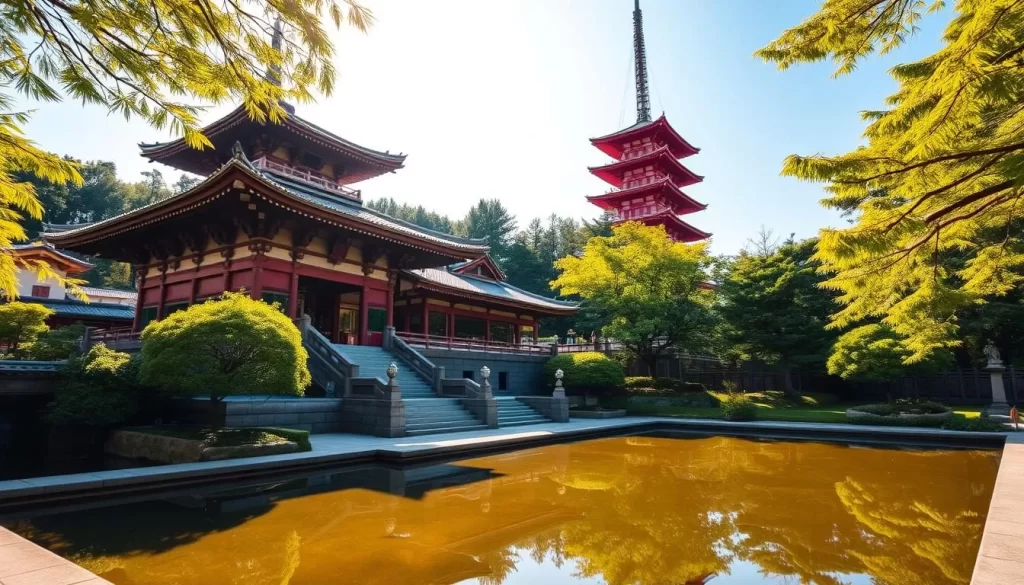 A serene Japanese temple nestled amidst lush greenery, with a striking vermilion pagoda rising gracefully against a clear, azure sky. Sunlight filters through the swaying leaves, casting a warm, golden glow on the weathered stone structures and intricate carvings. In the tranquil courtyard, a reflecting pool mirrors the temple's elegant architecture, inviting visitors to pause and immerse themselves in the timeless beauty of this sacred space. Capture the essence of traditional Japanese design, blending harmoniously with the natural landscape to create a breathtaking day trip destination in Setagaya-ku, Tokyo.