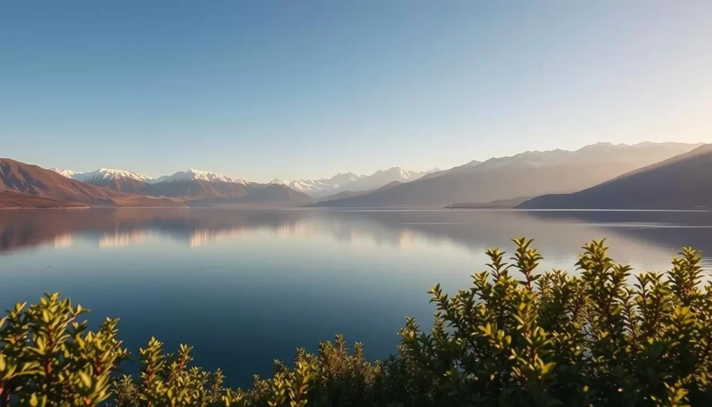 A serene Kussharo Lake, its waters reflecting the changing seasons. In the foreground, lush vegetation frames the picturesque shoreline, while in the middle ground, the lake's glassy surface mirrors the surrounding mountains. The background features snow-capped peaks, their majestic silhouettes casting long shadows across the scene. Warm, golden sunlight bathes the landscape, creating a tranquil and inviting atmosphere. The image conveys the beauty and tranquility of Kussharo Lake during its most picturesque times of the year.