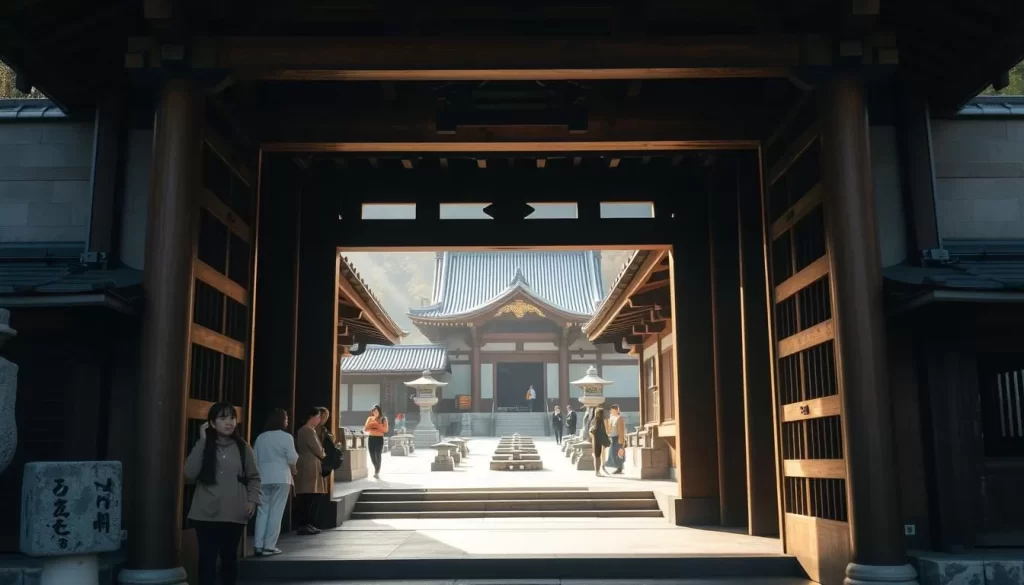 A serene Kyoto temple entrance, bathed in warm morning light. Intricate wooden gates frame the view, leading into a tranquil courtyard dotted with stone lanterns. Visitors pause to admire the architectural details - ornate rooftops, carved beams, and weathered stone steps. The atmosphere evokes a timeless, contemplative mood, inviting exploration of the temple's peaceful grounds. A subtle, natural color palette with soft shadows creates depth and atmosphere. Capture this inviting threshold to the sacred spaces beyond, showcasing the beauty and historical significance of Kyoto's temples.