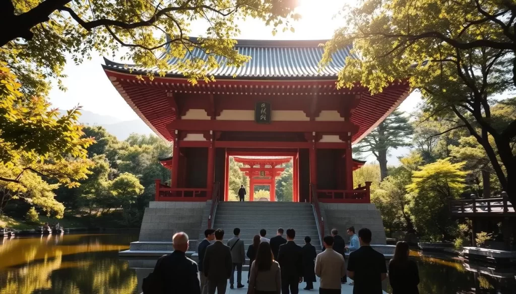 A serene Shinto shrine nestled amidst lush greenery, Kabushima's timeless architecture reflecting in the tranquil waters of the inlet. Sunlight filters through the canopy, casting a warm glow on the vermilion torii gate and ancient stone steps leading to the main hall. In the foreground, a group of visitors reverently approach, their silhouettes framed by the intricate wooden beams and decorative eaves. Distant mountains rise in the background, completing the peaceful, quintessentially Japanese landscape.