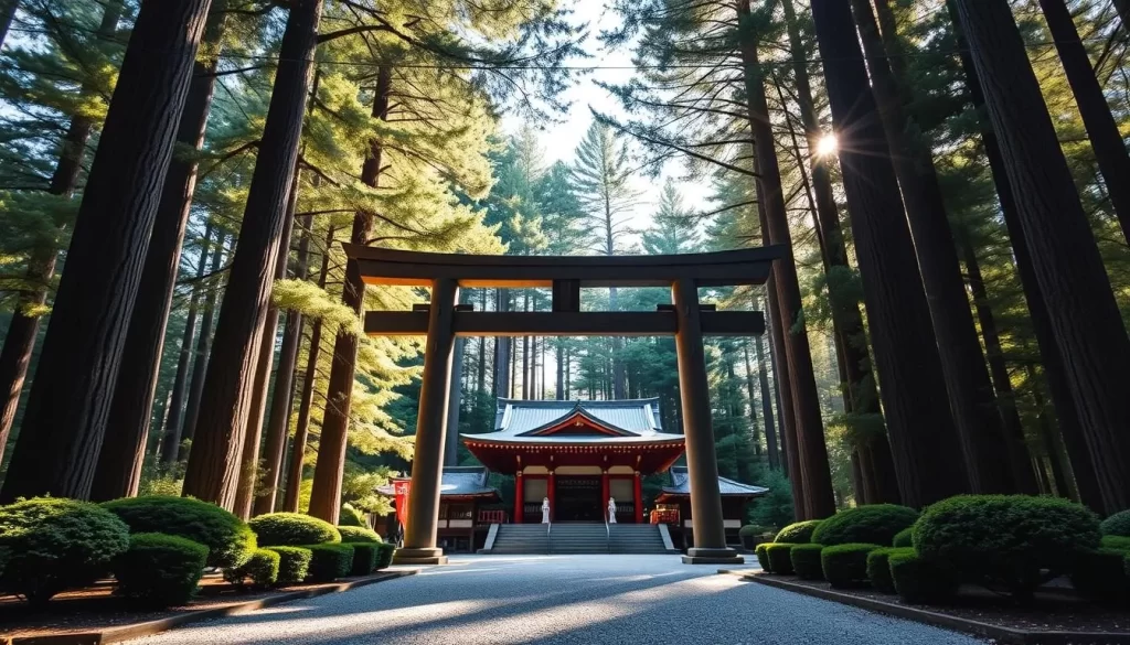 A serene Shinto shrine nestled in a verdant forest, the iconic Meiji Jingu stands tall and majestic. Sunlight filters through the towering cedar trees, casting a warm, natural glow on the ornate, wooden torii gates that mark the entrance. In the foreground, a gravel path leads visitors deeper into the tranquil sanctuary, surrounded by neatly trimmed shrubs and carefully landscaped gardens. The middle ground features the main shrine building, its elegant architecture and intricate detailing a testament to traditional Japanese craftsmanship. In the background, the towering trees create a lush, green canopy, conveying a sense of peace and spiritual harmony. The overall scene captures the serene, contemplative atmosphere of this important cultural landmark.