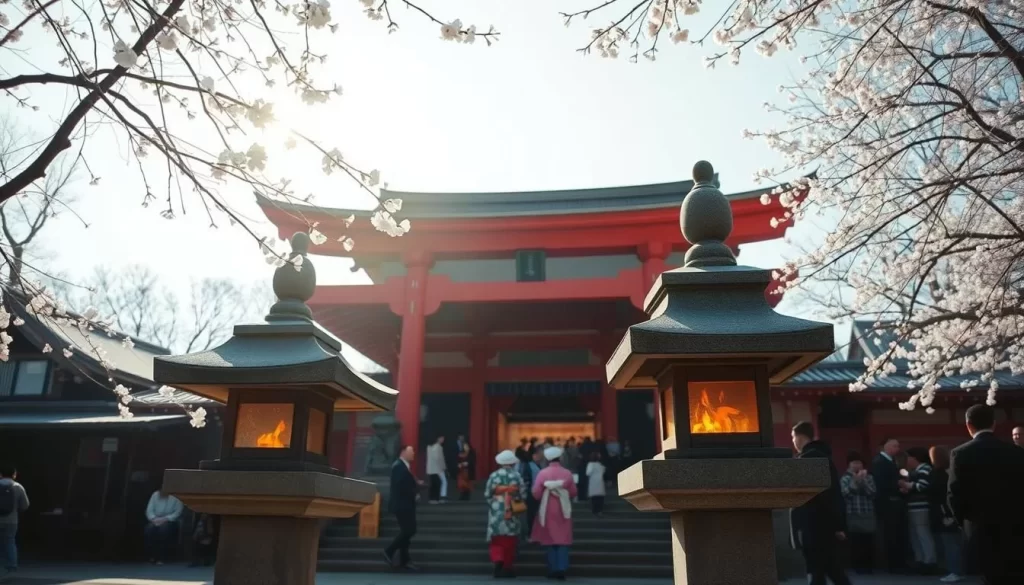A serene Shinto shrine nestled in the heart of Kyoto, Japan, bathed in soft natural light. Worshippers dressed in traditional kimonos make their way through the ornate red torii gate, offering prayers and incense before the ornate main hall. Cherry blossom petals drift in the gentle breeze, adding a touch of ethereal beauty. In the foreground, a pair of stone lanterns stand vigil, their flickering flames casting a warm, contemplative glow. The scene evokes the deep spiritual traditions that have shaped Kyoto's vibrant festival culture for centuries.
