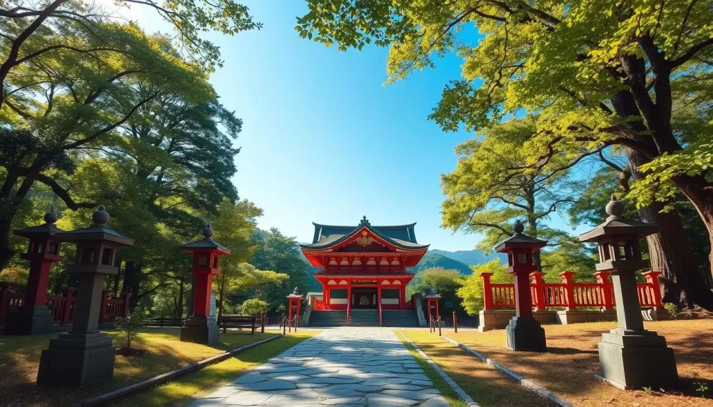 A serene Shinto shrine nestled in the lush hills of Tottori, Japan. The Hakuto Shrine stands in peaceful solitude, its vermilion-lacquered architecture accented by the verdant foliage and the soft natural light filtering through the surrounding trees. In the foreground, a picturesque stone pathway leads visitors towards the shrine's main entrance, flanked by ancient stone lanterns. The middle ground showcases the shrine's main structure, its graceful, sweeping roofs and ornate carvings reflecting the rich cultural heritage of the region. In the background, rolling hills and a clear blue sky create a serene, contemplative atmosphere, evoking the legend of the white rabbit that is said to reside here.