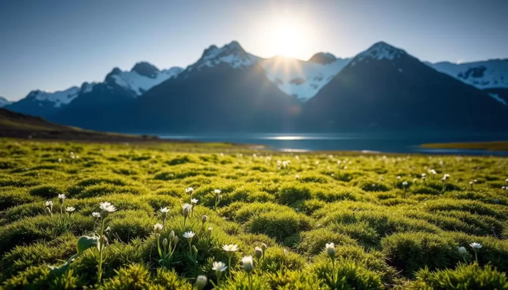 A serene Svalbard spring landscape bathed in the soft glow of the midnight sun. In the foreground, a lush carpet of moss and delicate wildflowers sway gently in the crisp Arctic breeze. The middle ground features a tranquil lake, its glassy surface reflecting the surrounding mountains, capped with pristine snow. Towering peaks rise majestically in the background, their slopes dotted with patches of lingering snow. The scene exudes a sense of tranquility and timelessness, perfectly capturing the essence of Svalbard's springtime beauty. Shoot with a wide-angle lens to capture the grandeur of the landscape, and use natural lighting to highlight the vibrant colors and textures.