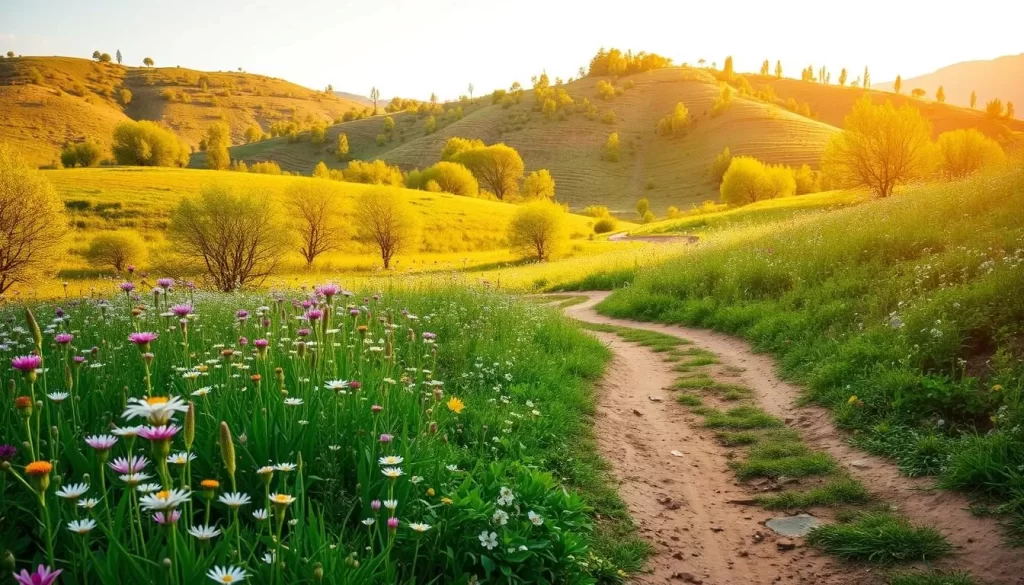 A serene Turkish countryside landscape in the springtime, with a lush, verdant foreground of blooming wildflowers and a rolling, hilly background dotted with vibrant green trees. The warm, golden sunlight casts a gentle glow, illuminating the scene with a soft, diffused light. In the middle ground, a winding dirt path leads the viewer through the picturesque tableau, inviting exploration of this natural wonder. The atmosphere is one of tranquility and rejuvenation, capturing the essence of spring's spectacular awakening in Turkey.