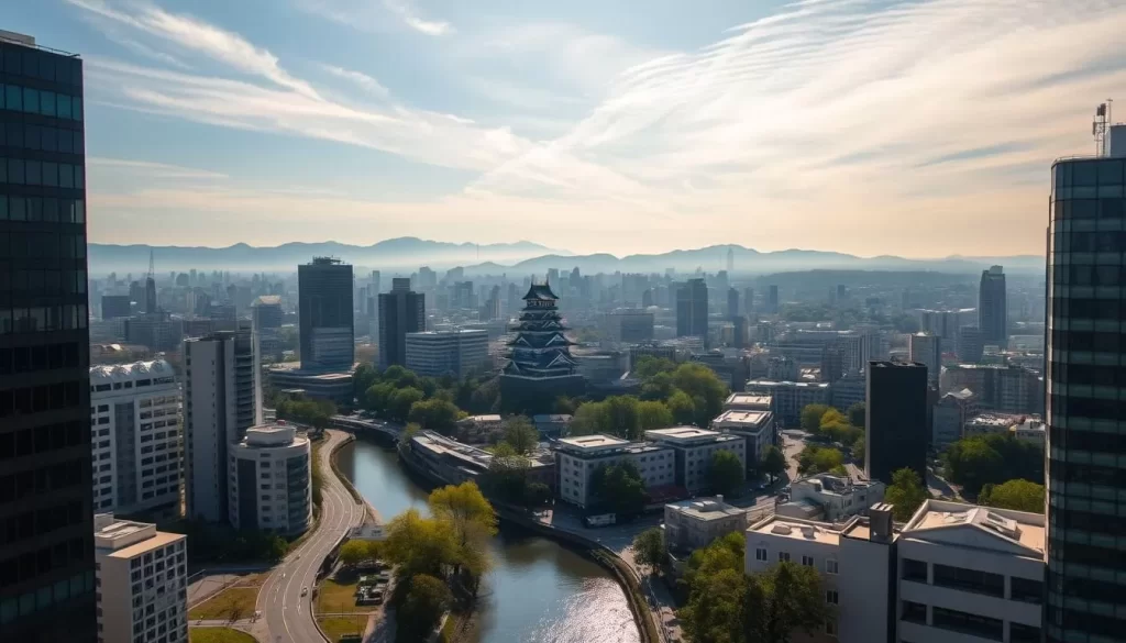 A serene aerial view of Osaka's cityscape, captured on a clear and sunny day. The scene showcases the city's unique combination of modern high-rises and lush greenery, as sunlight gently filters through wispy cirrus clouds. In the foreground, the Yodo River meanders through the urban landscape, its shimmering surface reflecting the surrounding architecture. In the middle ground, the iconic Osaka Castle stands tall, its ornate roofs and walls contrasting with the surrounding skyscrapers. The background features the distant Ikoma Mountains, their peaks bathed in a soft, hazy light. The overall atmosphere conveys a sense of tranquility and balance, illustrating the diverse weather patterns that define Osaka's vibrant and dynamic climate.