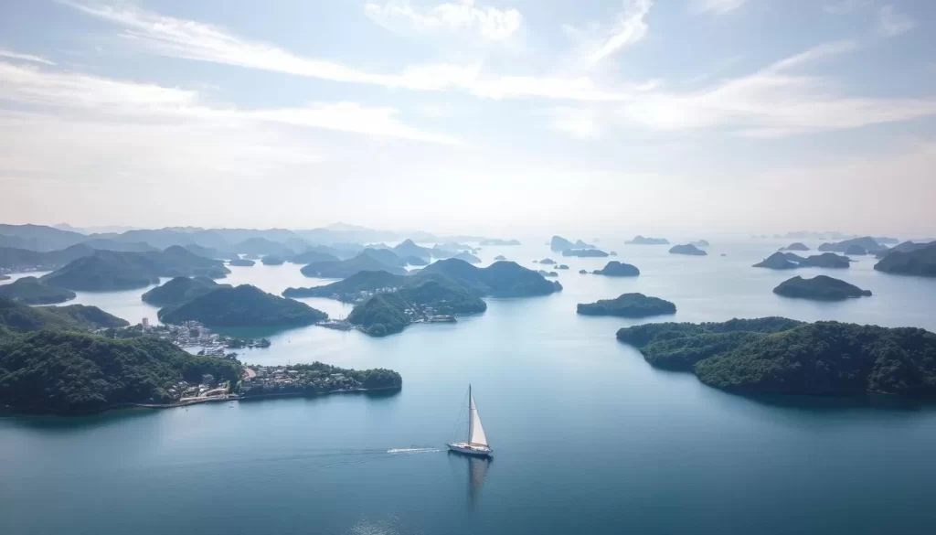 A serene aerial view of the Seto Inland Sea, capturing the captivating archipelago of lush, verdant islands dotting the tranquil azure waters. Sunlight gently caresses the rolling hills and picturesque fishing villages nestled along the shores, creating a serene and idyllic atmosphere. Wispy clouds drift overhead, complementing the peaceful ambiance. In the foreground, a lone sailboat glides across the mirror-like surface, highlighting the area's natural beauty and inviting visitors to explore its captivating landscapes. The middle ground showcases the diverse array of islands, each with its own distinct character, from rugged cliffs to serene sandy beaches. The background gently fades into the horizon, offering a sense of boundless wonder and discovery.