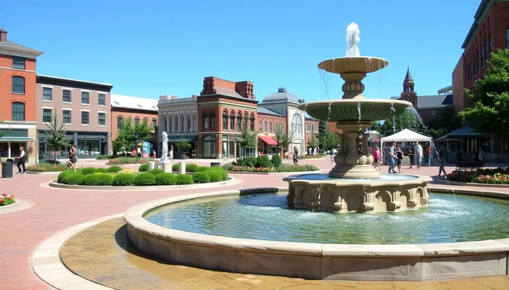 A serene and inviting public square, Fountain Square Park in Bowling Green, Kentucky. In the foreground, a grand stone fountain cascades with crystal-clear water, surrounded by lush greenery and neatly manicured flower beds. In the middle ground, people stroll along the paved pathways, enjoying the warm sunlight and the peaceful ambiance. The background features a mix of historic brick buildings and modern structures, creating a harmonious blend of old and new. The overall scene exudes a charming, small-town atmosphere, perfect for a leisurely afternoon spent in the heart of Bowling Green.