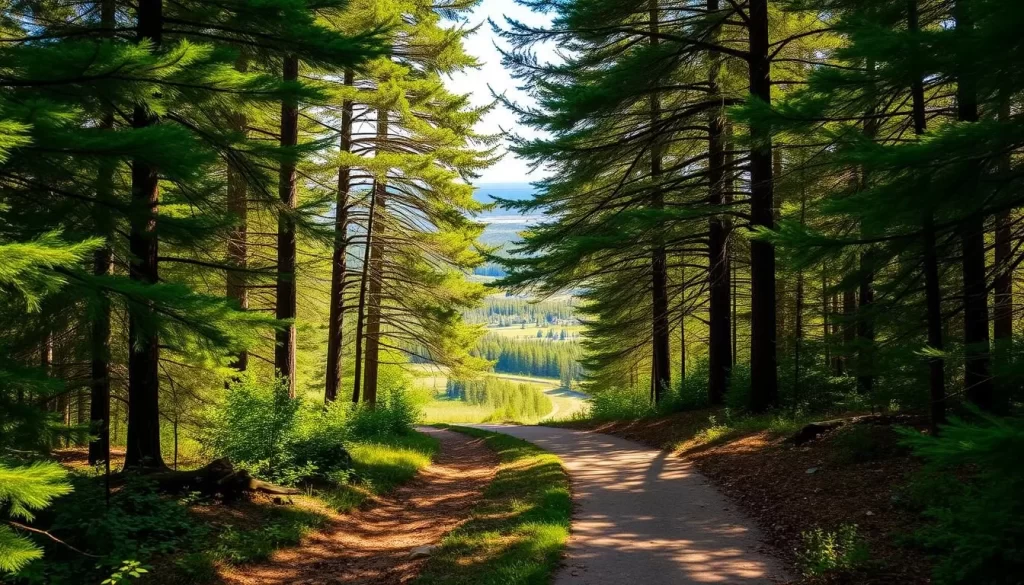A serene and sun-dappled trail winding through the lush evergreen forest of Spruce Woods Provincial Park, Manitoba. Towering spruce and pine trees line the path, their verdant canopies filtering the warm sunlight. The trail is dotted with fallen leaves and pinecones, creating a natural, earthy palette. In the distance, glimpses of the park's rolling hills and meadows can be seen. The overall atmosphere is one of tranquility and natural beauty, inviting hikers to immerse themselves in the peaceful surroundings.