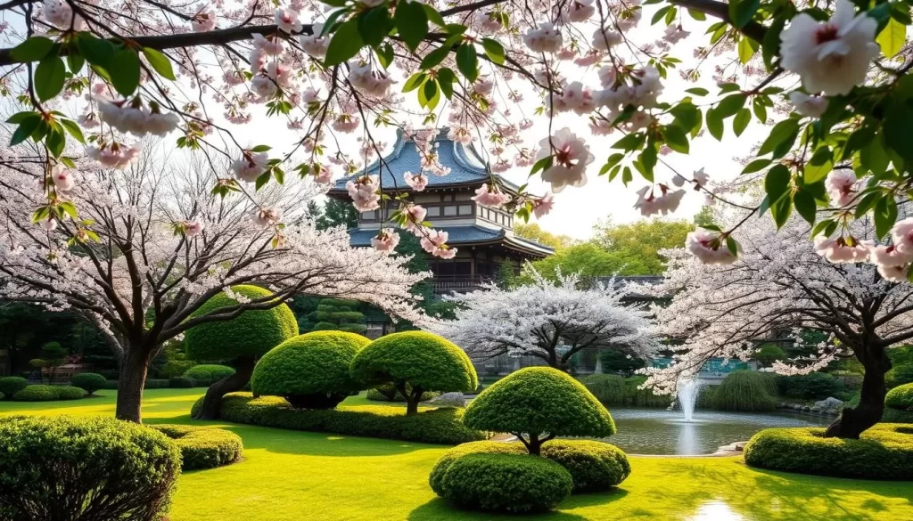 A serene and tranquil scene in Kyoto, Japan during a pleasant seasonal day. A lush green garden with meticulously trimmed trees and shrubs, accented by the delicate pink blossoms of cherry trees in full bloom. In the background, a traditional Japanese temple or shrine stands majestically, its pagoda-style roofs and elegant architectural details reflected in a calm pond. Soft, warm lighting filters through the leaves, casting a gentle glow over the entire landscape. The atmosphere is one of tranquility and timeless beauty, capturing the essence of Kyoto's seasonal charm.
