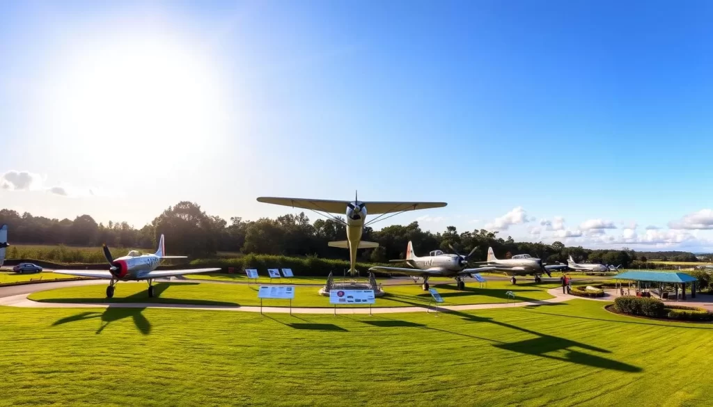 A serene and vibrant aerial display at the Aviation Heritage Park, with historical aircraft elegantly positioned against a cloudless sky. The sun's warm rays cast a golden glow, illuminating the meticulously maintained vintage planes. In the foreground, a well-manicured lawn invites visitors to explore the park, while the middle ground features informative displays providing insights into the region's aviation heritage. The background showcases the lush, verdant landscape surrounding the park, creating a picturesque and immersive experience for all who visit.