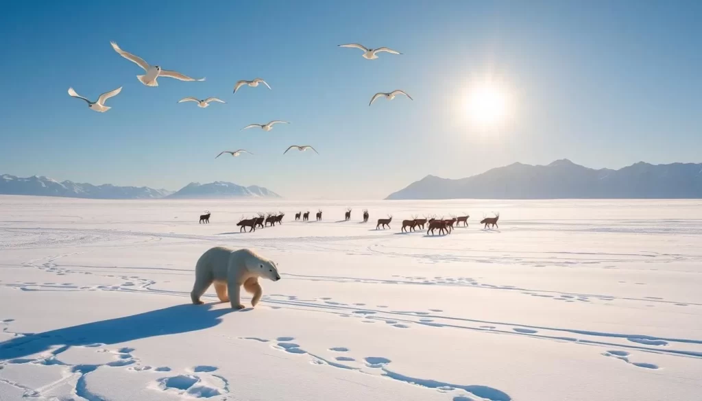 A serene arctic landscape unfolds, bathed in the soft glow of the sun. In the foreground, a majestic polar bear patrols the pristine, snow-covered terrain, its powerful movements leaving an intricate pattern of tracks in the pristine white expanse. In the middle ground, a herd of caribou grazes peacefully, their antlers silhouetted against the clear blue sky. Soaring overhead, a flock of snowy owls glide effortlessly, their pure white feathers shimmering in the natural light. In the distance, rugged mountains rise, their peaks capped with glistening snow. The scene exudes a sense of tranquility and unspoiled wilderness, capturing the essence of the wildlife encounters one might experience on Somerset Island.