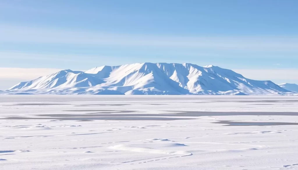 A serene arctic landscape unfolds, with a majestic snow-capped mountain range dominating the background. In the foreground, a frozen inlet glistens under the soft, diffused light of a clear sky. Patches of pristine snow cover the ground, creating a tranquil and picturesque scene. Subtle hues of blue and white permeate the atmosphere, evoking the calm and tranquility of the high Arctic. A wide-angle lens captures the expansive and awe-inspiring vista, inviting the viewer to immerse themselves in the remote and untamed beauty of Cunningham Inlet on Somerset Island, Nunavut.