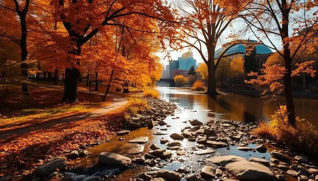 A serene autumn afternoon in Saskatoon's picturesque river valley. A winding path leads through a lush canopy of vibrant orange and yellow foliage, casting warm, dappled light across the scene. In the foreground, a babbling brook gently flows over smooth, sun-kissed rocks. In the middle ground, towering cottonwood trees line the riverbank, their reflected image rippling in the calm waters. The background reveals the cityscape of Saskatoon, its modern architecture and landmarks standing in harmonious contrast to the natural beauty surrounding them. The overall atmosphere exudes a sense of tranquility and wonder, inviting the viewer to immerse themselves in the charm of this cherished urban oasis.