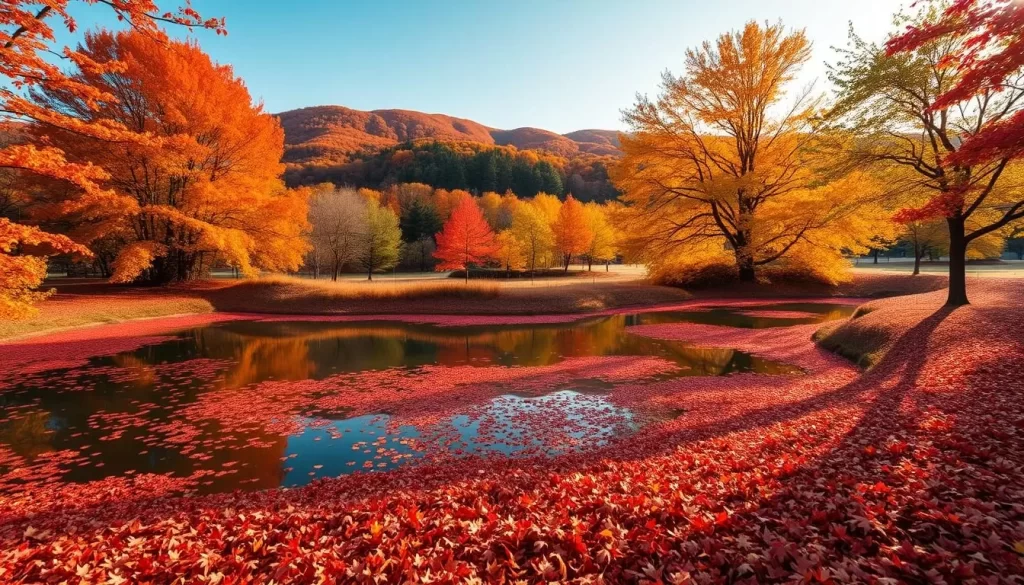 A serene autumn landscape in Hiroshima, Japan. The foreground features a picturesque pond surrounded by a lush carpet of fallen crimson maple leaves. Vibrant orange and yellow foliage adorns the trees in the middle ground, casting warm hues over the tranquil scene. In the background, rolling hills covered in a tapestry of autumn colors stretch out under a clear, bright sky. The lighting is soft and diffused, creating a golden glow that enhances the natural beauty of the setting. Compose the image with a wide, panoramic lens to capture the full splendor of this idyllic fall scene in Hiroshima.