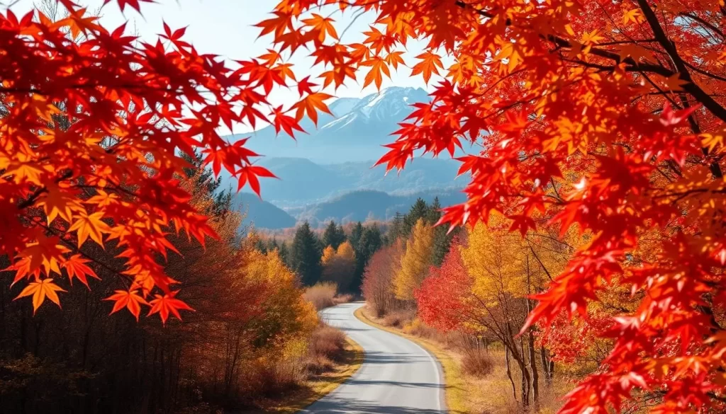 A serene autumn landscape in Toyama, Japan. In the foreground, vibrant red and yellow maple leaves sway gently in the breeze. The middle ground features a winding path leading through a tranquil forest, the trees ablaze with the warm hues of the season. In the background, picturesque mountain peaks rise majestically, their slopes dusted with a hint of snow. Soft, diffused natural lighting illuminates the scene, creating a sense of peaceful tranquility. Capture the essence of this idyllic autumnal wonderland with a wide-angle lens, framing the composition to showcase the harmonious interplay of nature's beauty.
