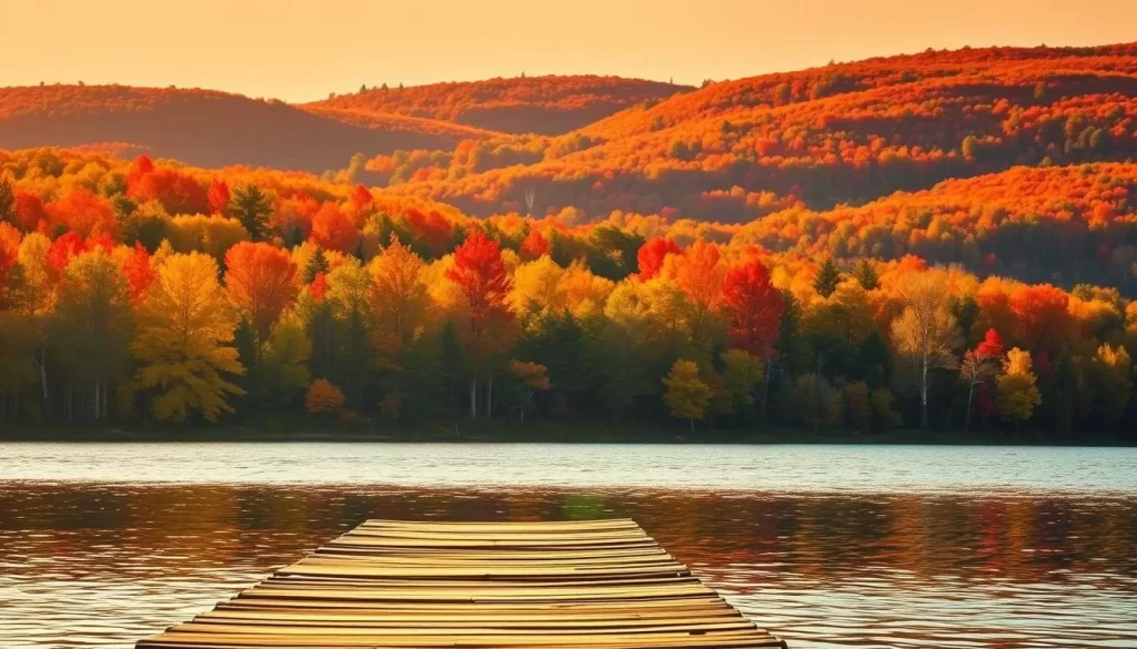 A serene autumn landscape in Winona, Minnesota, bathed in warm, golden sunlight. In the foreground, a rustic wooden dock extends into a tranquil lake, its surface reflecting the vibrant hues of the surrounding foliage. In the middle ground, a lush forest of maple, oak, and birch trees burst with a kaleidoscope of vibrant reds, oranges, and yellows. The background is dominated by rolling hills, their slopes adorned with a patchwork of vibrant colors, creating a picture-perfect scene. The overall atmosphere is one of peaceful, idyllic charm, inviting the viewer to immerse themselves in the natural beauty of Winona, Minnesota.