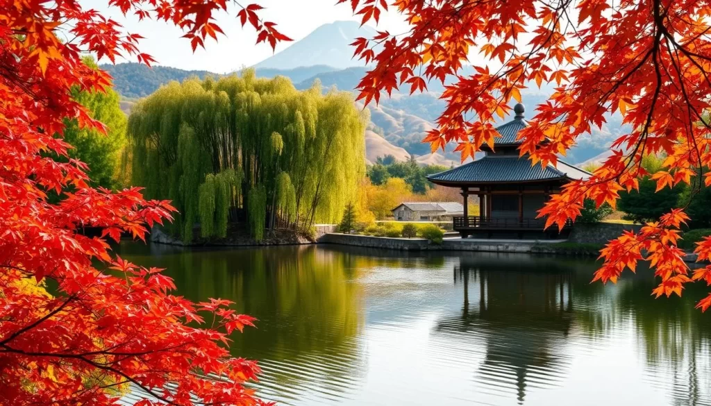 A serene autumn scene in Kyoto, Japan. The foreground showcases a tranquil pond surrounded by a vibrant tapestry of crimson and golden maple leaves, their reflection rippling across the still water. In the middle ground, an ancient wooden pavilion stands amidst a grove of towering bamboo, its elegant architecture contrasting with the lush, verdant foliage. The background features rolling hills clothed in a tapestry of autumnal hues, with the iconic silhouette of Mt. Daimonji rising majestically in the distance. Soft, diffused natural lighting bathes the entire scene, creating a warm, inviting atmosphere that captures the essence of Kyoto's stunning fall foliage.