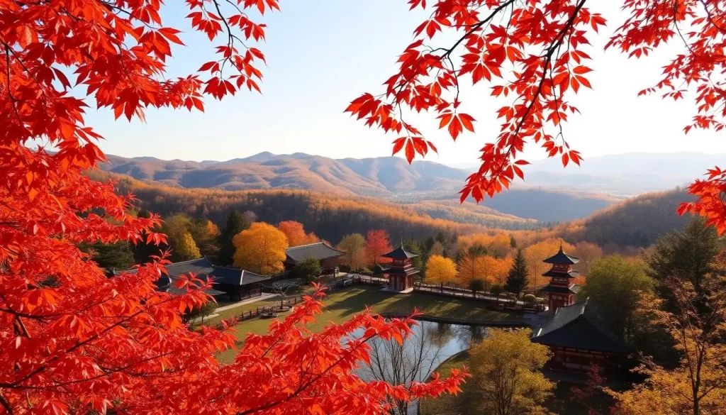 A serene autumnal scene in the Kansai region of Japan, with a lush foreground of vibrant crimson and amber leaves gently swaying in a warm breeze. The middle ground features a picturesque Japanese garden, its pagodas and ponds reflecting the fall colors. In the background, rolling hills draped in a tapestry of golden hues stretch out towards a clear sky, bathed in soft, diffused sunlight. The tranquil atmosphere evokes a sense of peace and wonder, inviting the viewer to immerse themselves in the natural beauty of Kansai during the enchanting autumn season.