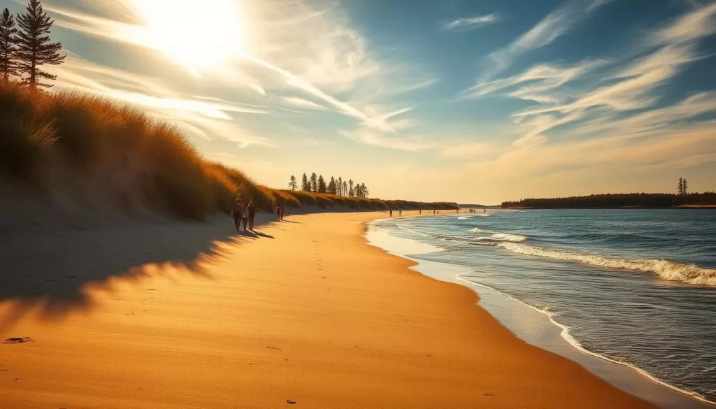 A serene beach along the shores of Hecla-Grindstone Provincial Park, Manitoba. Warm golden sunlight filters through wispy clouds, casting a soft glow over the fine sand and gently lapping waves. Rugged, windswept dunes dotted with tall grasses frame the tranquil scene, while in the distance, the silhouettes of pine trees stand tall against the azure sky. Beachgoers stroll along the shoreline, enjoying the peaceful solitude of this picturesque summer hideaway.