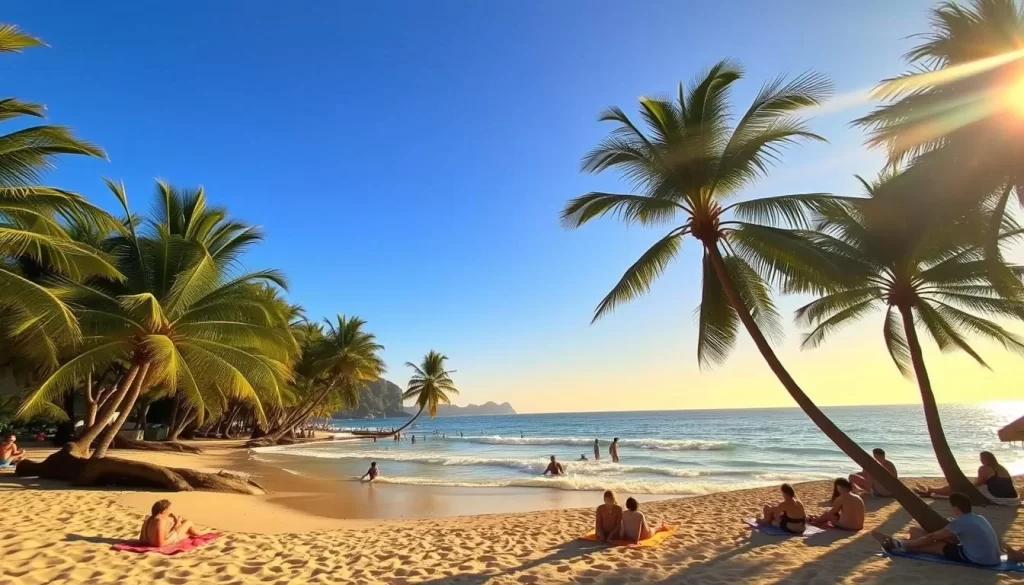 A serene beach scene in Miyazaki, Japan during the summer. Warm, golden sunlight illuminates the gentle waves lapping against the soft, sandy shore. Lush, verdant palm trees sway in the breeze, casting dappled shadows on the beachgoers below. In the foreground, people relax on colorful beach towels, soaking up the sun and enjoying the tranquil atmosphere. In the distance, the azure sky blends seamlessly with the shimmering ocean horizon. The scene emanates a sense of relaxation and joy, capturing the essence of summer in this picturesque coastal region.