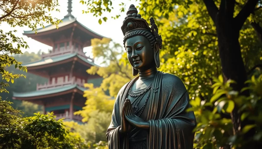 A serene bronze statue of the Bodhisattva Kannon, the embodiment of compassion, stands gracefully in the tranquil gardens of Sensō-ji Temple. Clad in ornate robes, her gentle expression radiates a sense of peace and enlightenment. Soft morning light filters through the surrounding foliage, casting warm hues and creating a contemplative atmosphere. The statue is situated amid lush greenery, with a traditional Japanese pagoda visible in the distance, hinting at the temple's sacred setting. Capture the essence of this revered spiritual icon, its timeless beauty and the serene ambiance of its hallowed surroundings.