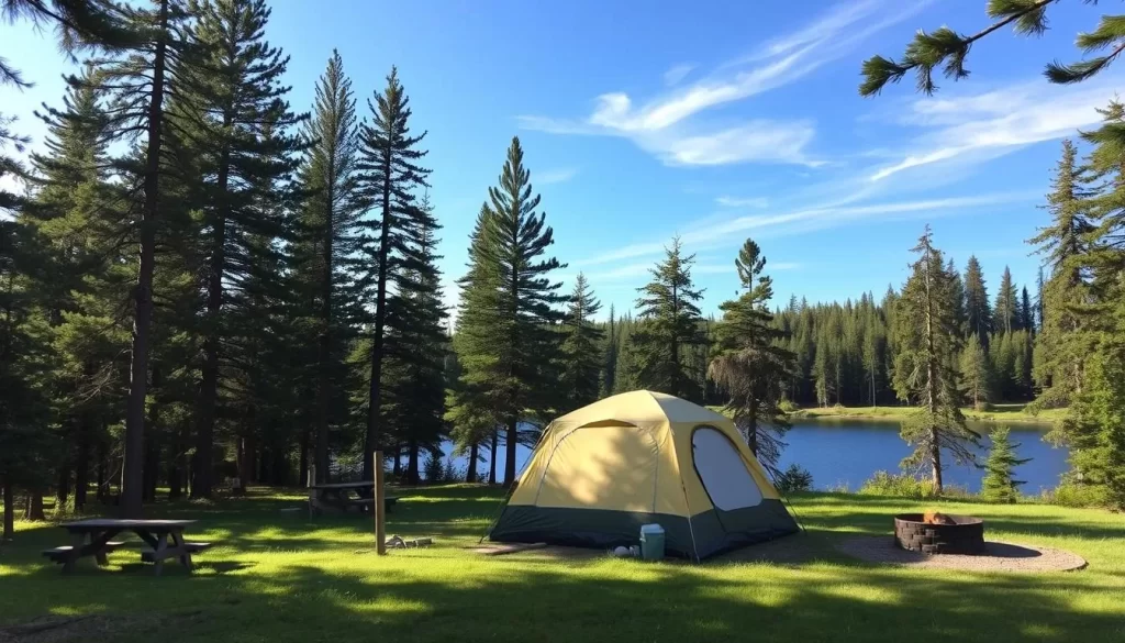 A serene campsite in Asessippi Provincial Park, Manitoba, nestled amidst lush, verdant forests. In the foreground, a cozy tent stands ready to shelter campers, surrounded by a well-organized campsite with a picnic table and a crackling fire pit. In the middle ground, towering pine trees sway gently in the breeze, casting soft, dappled light across the scene. In the distance, a tranquil lake reflects the brilliant blue sky, with a few wispy clouds drifting overhead. The entire setting exudes a sense of peaceful solitude, inviting visitors to immerse themselves in the natural beauty of the Manitoba wilderness.