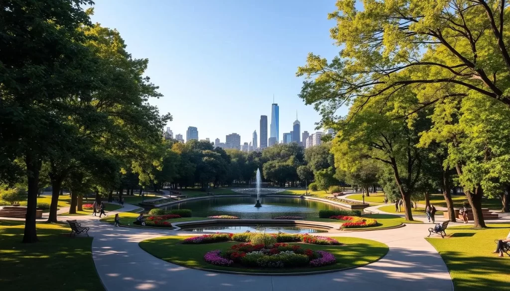 A serene city park on a sunny afternoon, with lush green foliage and towering trees casting dappled shadows across the well-manicured pathways. In the foreground, people leisurely stroll, jog, or relax on benches, enjoying the tranquil atmosphere. The middle ground features a picturesque pond, its surface gently rippling, surrounded by colorful flower beds and ornamental shrubs. In the background, the skyline of a vibrant city can be seen, its modern buildings and skyscrapers forming a striking contrast with the natural beauty of the park. The scene is bathed in warm, golden light, creating a sense of comfort and serenity.