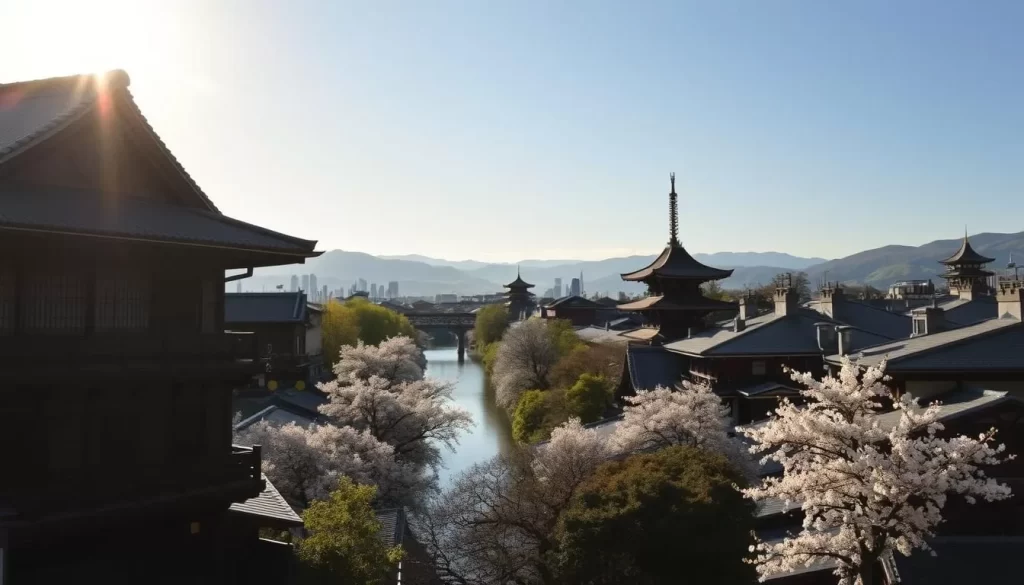 A serene cityscape of Kyoto, Japan, bathed in warm, golden sunlight. In the foreground, a traditional wooden machiya townhouse stands tall, its ornate facade and tiled roof reflecting the region's rich architectural heritage. In the middle ground, a tranquil canal winds through the historic district, lined with lush greenery and cherry blossom trees in full bloom. In the distance, the iconic silhouettes of Kiyomizudera Temple and Ginkakuji Temple emerge, their elegant structures set against a backdrop of rolling hills and a clear, azure sky. The scene exudes a sense of timeless serenity, capturing the essence of Kyoto's status as the cultural heart of Japan.