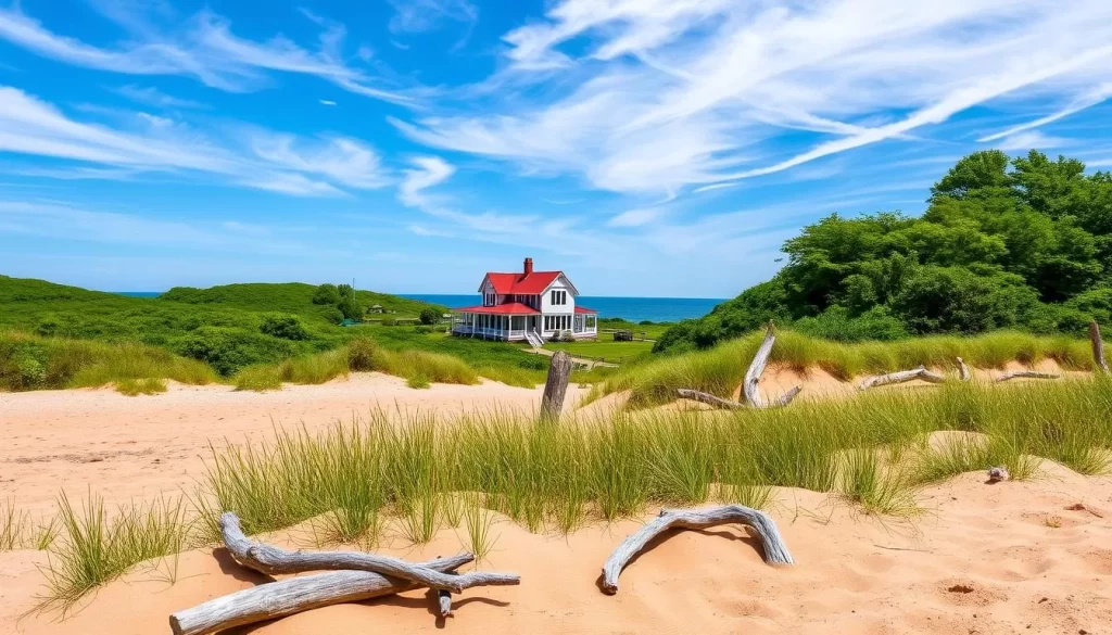 A serene coastal scene of Green Gables Shore on Prince Edward Island, Canada. The foreground features a picturesque sandy beach dotted with driftwood and lush green grass growing along the shore. In the middle ground, rolling hills covered in vibrant green foliage surround a historic farmhouse with a red roof, iconic white trim, and a charming wrap-around porch. The background showcases the calm, azure waters of the Gulf of St. Lawrence, with wispy clouds drifting across a bright, sunny sky. The overall mood is one of peaceful tranquility, capturing the quintessential charm and natural beauty of this iconic Canadian landscape.