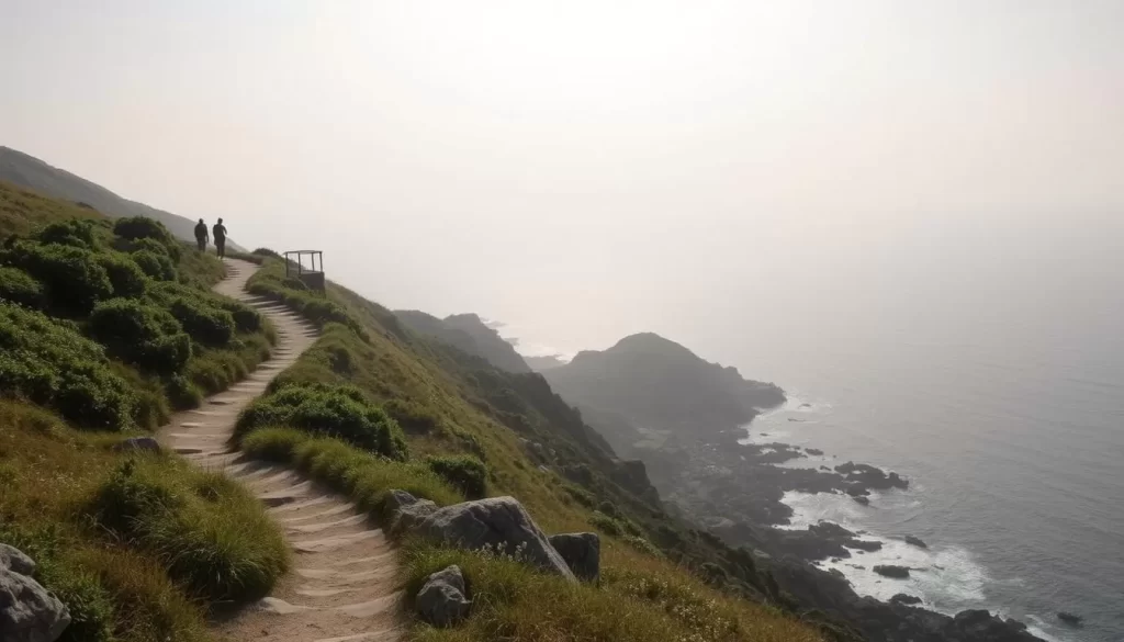 A serene coastal trail winds through rugged cliffs and verdant foliage along the Sanriku coastline. Warm sunlight filters through a soft, hazy sky, casting a gentle glow over the scene. In the foreground, the trail weaves between boulders and grassy knolls, inviting hikers to explore. The middle ground features a panoramic view of the rocky shoreline, with waves lapping against the shore. In the distance, the horizon is dotted with small islands and the deep blue expanse of the Pacific Ocean. The atmosphere is one of tranquility and natural beauty, perfectly capturing the essence of the Michinoku Coastal Trail within Sanriku Recovery National Park.