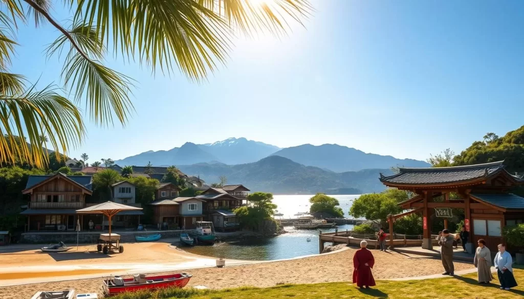 A serene coastal village nestled in Wakayama's lush hills, with weathered wooden buildings and colorful fishing boats anchored in a tranquil bay. Dappled sunlight filters through swaying palm fronds, casting warm shadows on the sun-soaked beach below. Locals gather to pray at a centuries-old Shinto shrine, their robes billowing in the gentle sea breeze. In the distance, majestic mountains rise against a cloudless azure sky, their peaks glowing in the golden hour light. This is a summer paradise, where the natural world and spiritual traditions intertwine in perfect harmony.
