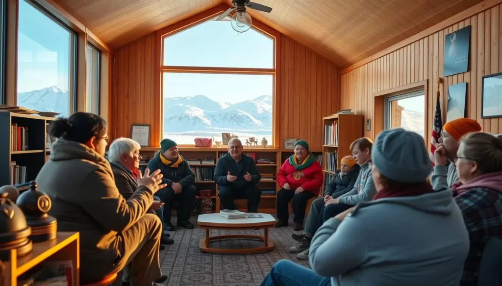 A serene community center nestled in a vibrant Arctic landscape, where elders and youth gather to preserve the rich linguistic heritage of Nunavut. Warm natural light filters through large windows, casting a welcoming glow. In the foreground, a group of people animatedly discuss language-learning techniques, their hands gesturing expressively. In the middle ground, shelves display traditional artifacts and books, a testament to the region's cultural diversity. The backdrop features the majestic snow-capped peaks of the Canadian North, a constant reminder of the resilience and adaptability of the Inuit people. The overall scene conveys a sense of harmony, community, and a deep commitment to safeguarding the unique languages that define this extraordinary place.
